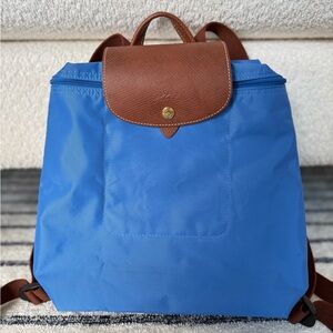 Longchamp Le Pliage Backpack Cobalt Blue Nylon Brown Leather Foldable Bag‎